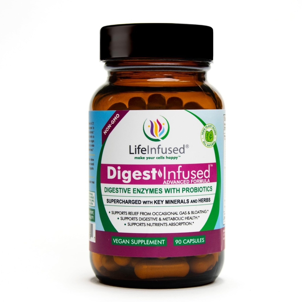 Life Infuzed - Premium Digestive Enzyme Supplements - 21 Plant-Base Enzime, Proteaze, Bromelain, Amylase, Papain - Probiotice, 72 Key Minerals & Herbs - Ease Gas & Blooting. 90 de servitori.