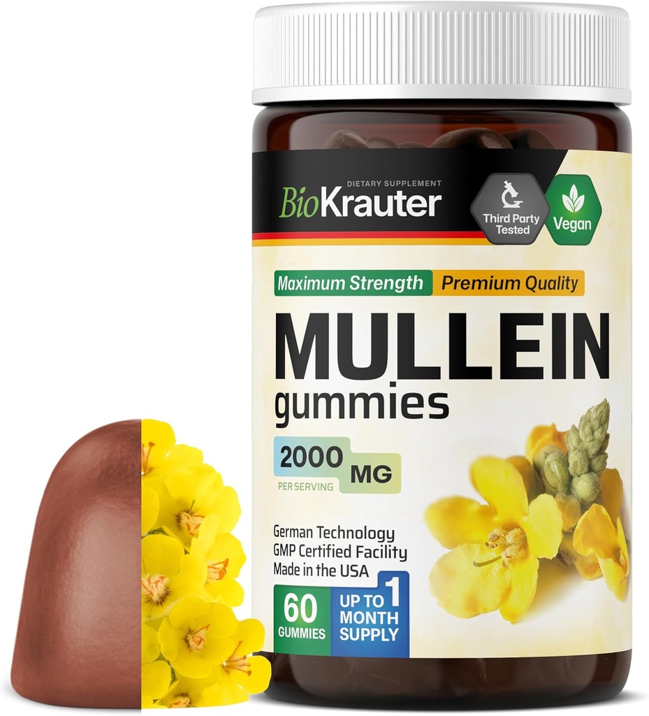 BIO KRAUTER Mullein Gummies pentru plămâni 2000 mg - 60 Chews - Lung Detox Supliment - Mullein Leaf Gummies - Vegan, Gelatină-Free