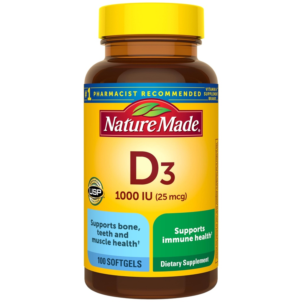 Natural Made Vitamina D3 1000 UI (25 mcg), Vitamina D Supliment pentru Bone, Dinți, Musculare și Imuna Health Support, 100 Softgels, 100 zile de aprovizionare