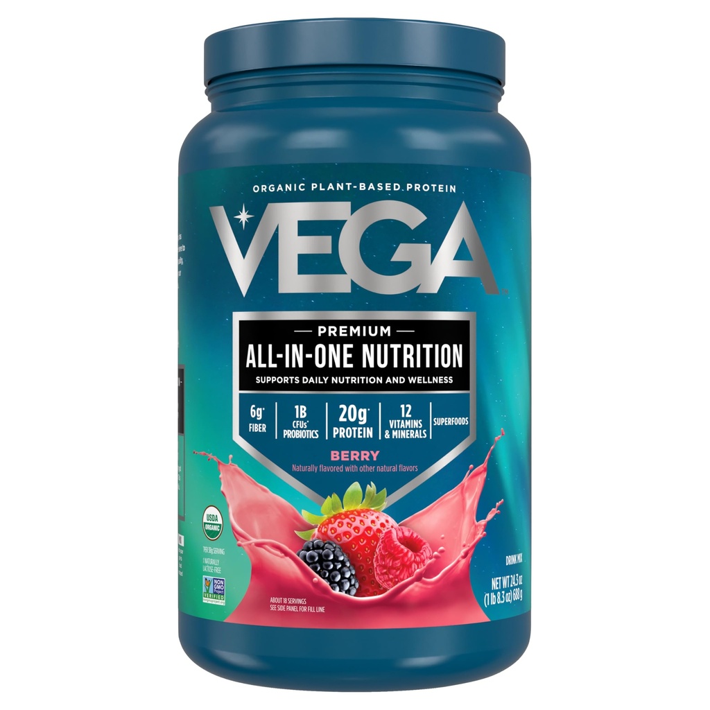 Vega All in One Nutrition Organic - 20g Proteină de mazăre pe bază de plante, Berry, 20 Serviri, Vitamine A & C, Probiotice, Verzi, Vegan, Keto, Gluten Free, 24,3oz (Packaging May Vary)