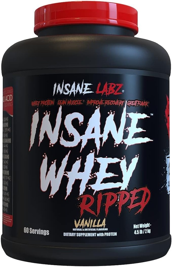 Insane Labz Insane Whey Ripped, Lean Muscle Building Proteine cu L-Carnitina si praf de ulei CLA, 5lbs 60 Serviri, Vanilie