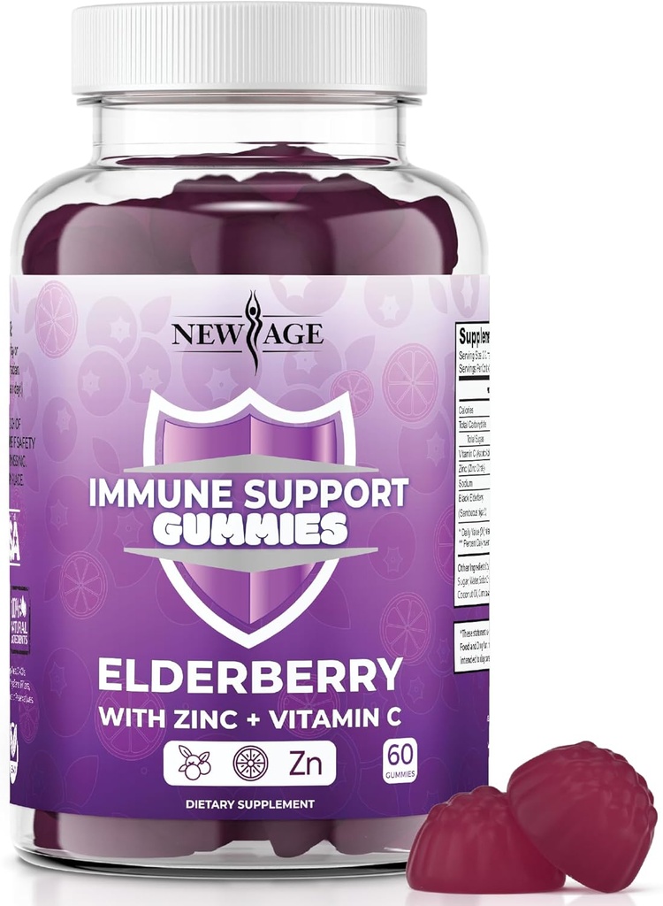 NOU AGE Immune System Support Gummies - Sambucus Black Elderberry Gumies cu vitamina C și zinc (Immune Support 60 Gummies)