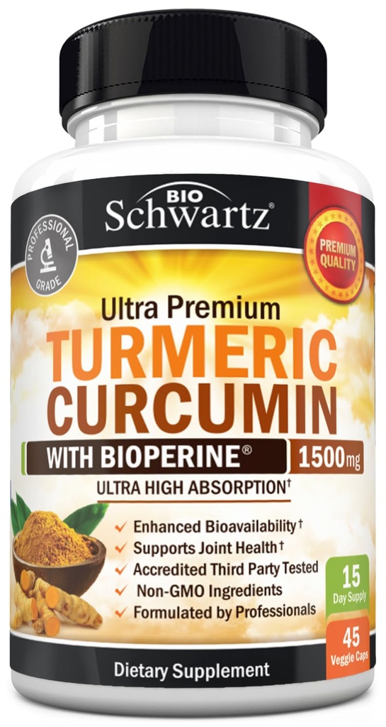Curcumina turmerica cu extract de piper negru 1500mg - Supliment de înaltă absorbţie Ultra potent Turmeric cu 95% Curcuminoide şi BioPerine - Capsule tumerice fără OMG pentru suport comun - 45 capsule