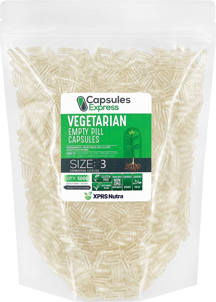 XPRS Nutra Dimensiune 3 Capsule goale - 5000 Conte clar capsule Vegan gol - Pastile goale vegetariene - capsule vegetale DIY umplutura - Capace pastile vegetale
