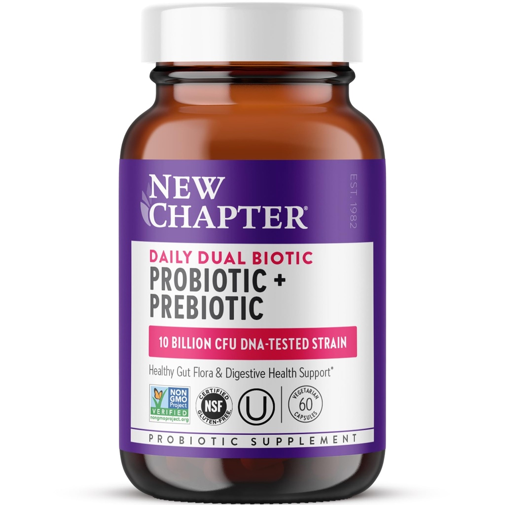 Capitolul nou Daily Dual Biotic Probiotic + Prebiotic pentru Digestion & Microbiome Health, 100% Vegan, Soy Free, Non-GMO, 60 Conte (2 lună de aprovizionare)