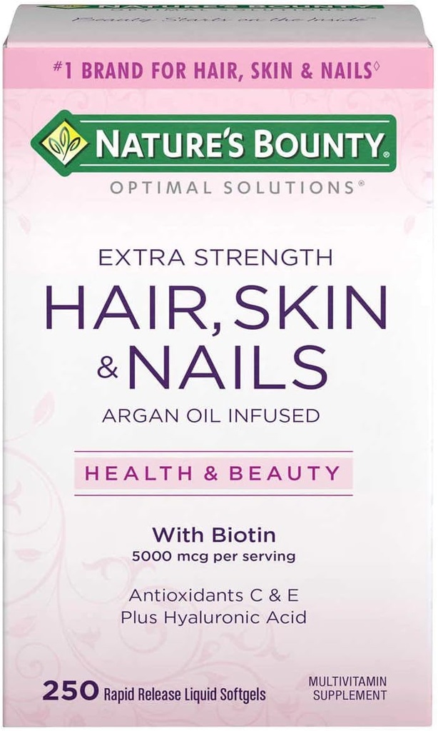 Natura's Bounty Hair Skin and Nails 5000 mcg of Biotin - 250 comprimate filmate Regular & Extra Putere (Extra Putere, Două sticle fiecare din 250 Softgels)