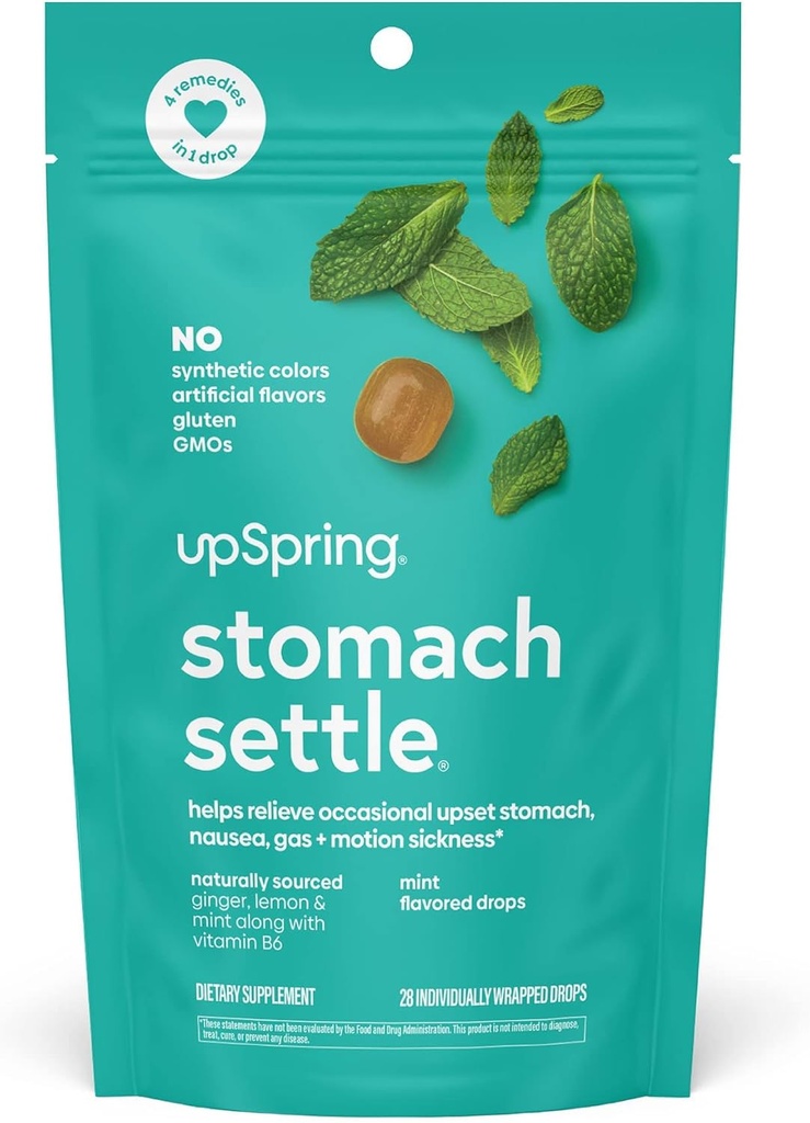UpSpring Stomac Settle picături pentru greaţă ocazional Relief / Upset Stomac cu ghimbir, Lemon, Spearmint, şi B6. Mentă Aroma picături, 28 CT (Packing May Vary)