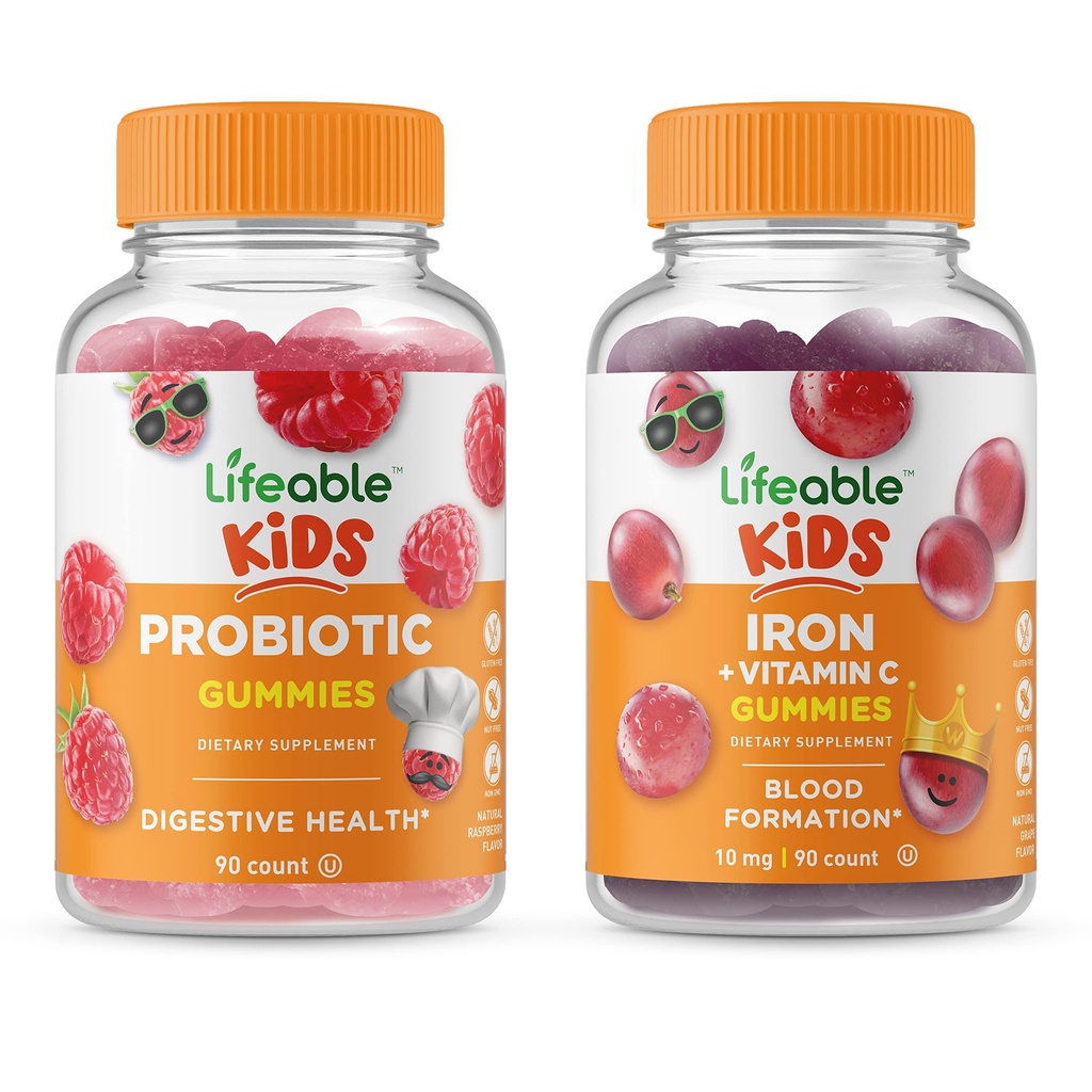 Probiotic de viață 2 miliarde CFU copii + fier și vitamina C copii, gume Bundle - mare Tasting, supliment de vitamine, gluten gratuit, OMG gratuit, guma de mestecat