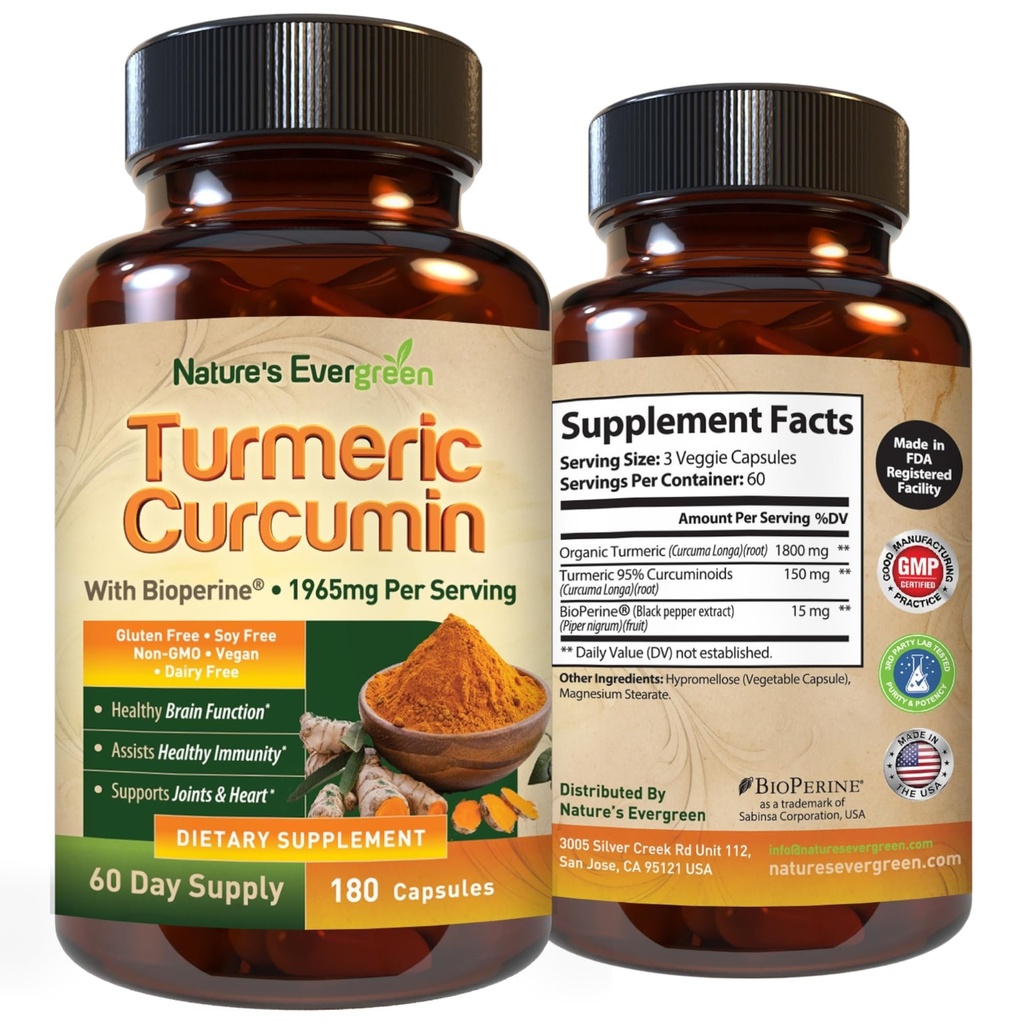 Curcumina turmerica cu extract de piper negru (Bioperina) și supliment de sprijin comun Turmeric Vegan organic. Extract 95% Curcuminoide 1965 mg Supliment pentru articulații sănătoase și suport imunitar. 180 Capsule