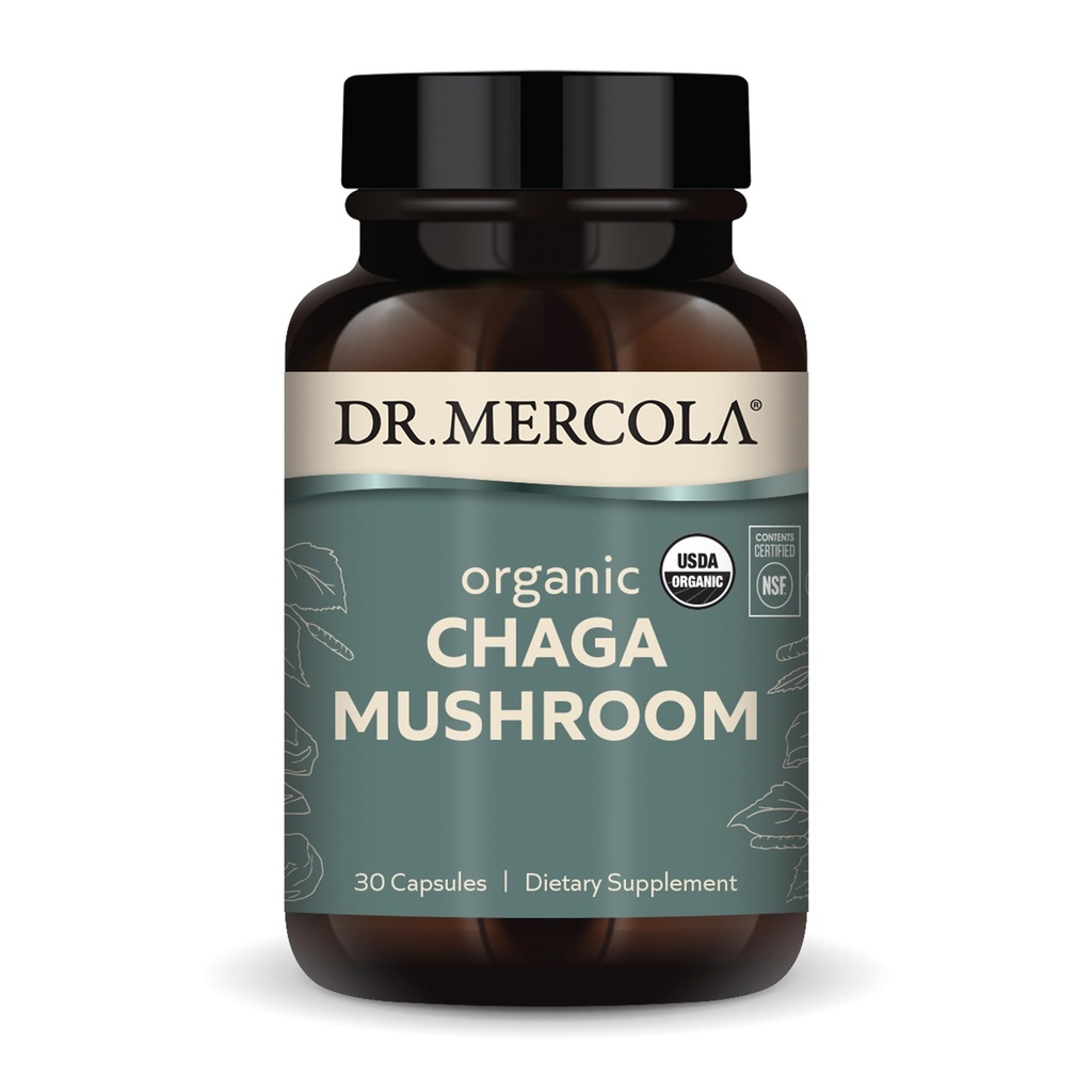 Dr. Mercola Organic Chaga Mushroom, 30 Servings (30 comprimate), Supliment alimentar, Suporturi Functie imuna sanatoasa, non-GMO, certificate USDA Organic, NSF Conținutul certificat