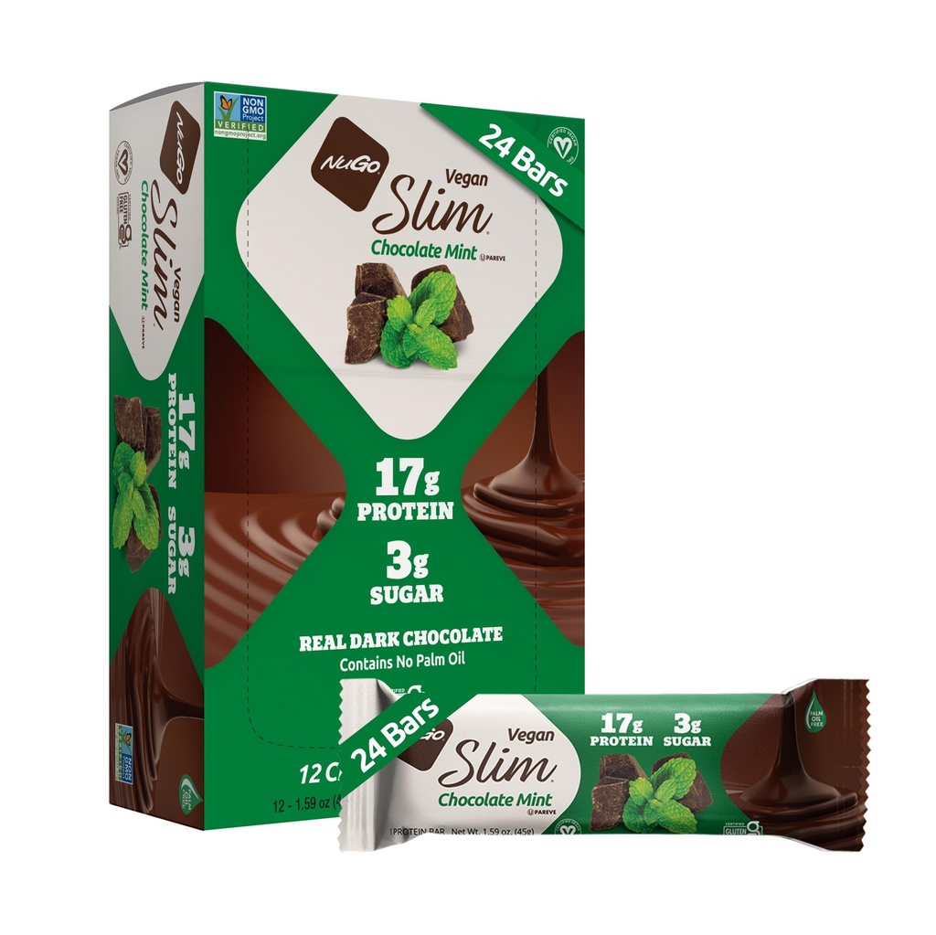 Nugo Slim Dark Chocolate Mint, 18g Vegan Proteine, 3g Zahăr, 6g Fibră, Net Low Carb, Keto Friendly, Gluten Free, 24 Conte