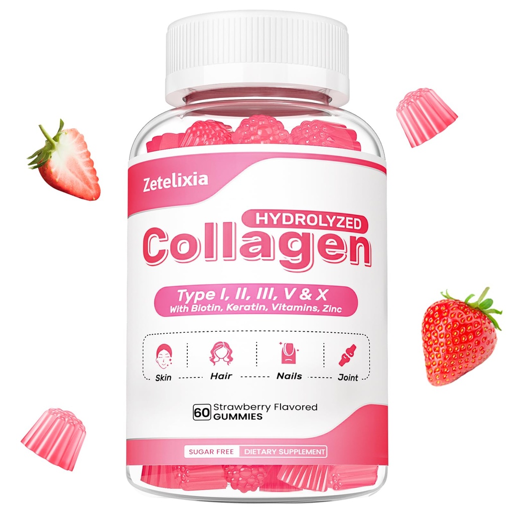 Colagen Gummies for Women Men, Hidrolyzed Colagen Peptide Tip I,II,III,V,X with Biotin, Vitamina C A B D E for Skin Nails J0ints, Imunity Energy Digestion, Sugar Free, 60 Count