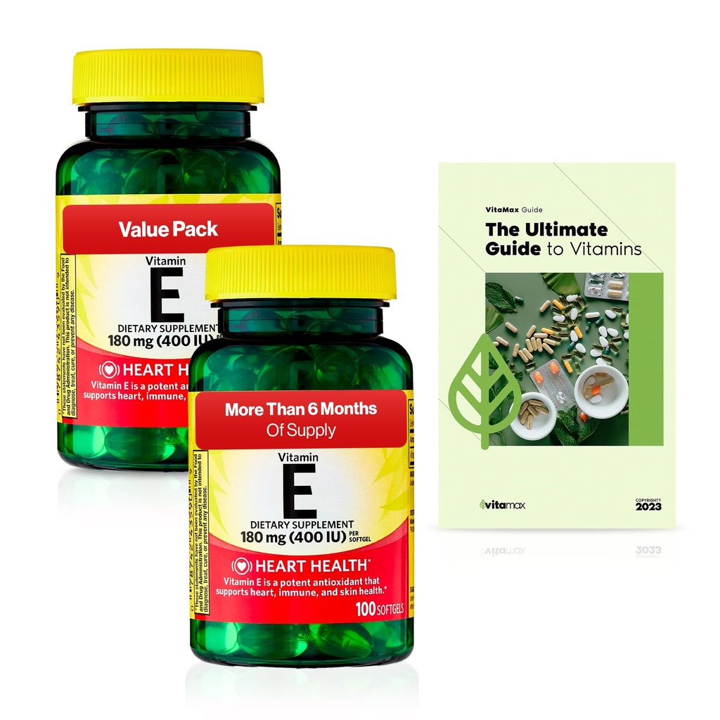 Spring Valley Vitamina E Heart Health Supliment alimentar Softgels, 180 mg (400 UI), 200 Conte, 2-Pack + Exclusiv VitaMax Vitamin Guide (3 elemente)
