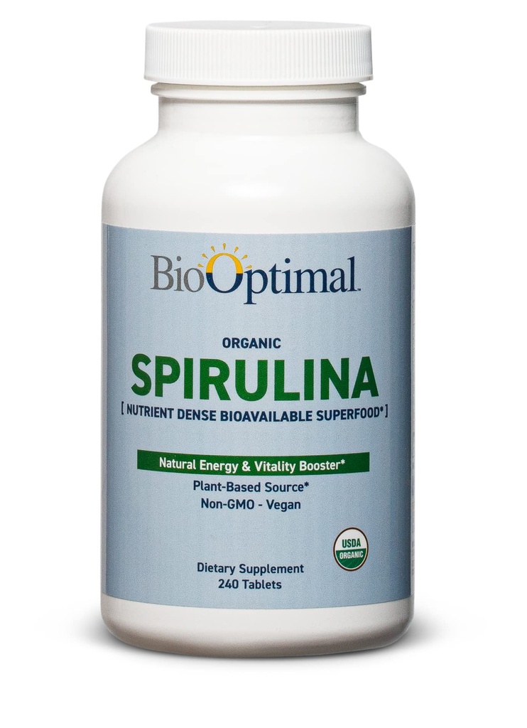 BioOptimal Organic Spirulina Tablets - Organice, Non-GMO, Nu Aditivi sau Fillers - 500 mg Premium Quality Dietary Supliment cu vitamine, minerale, și antioxidanți (240 comprimate)