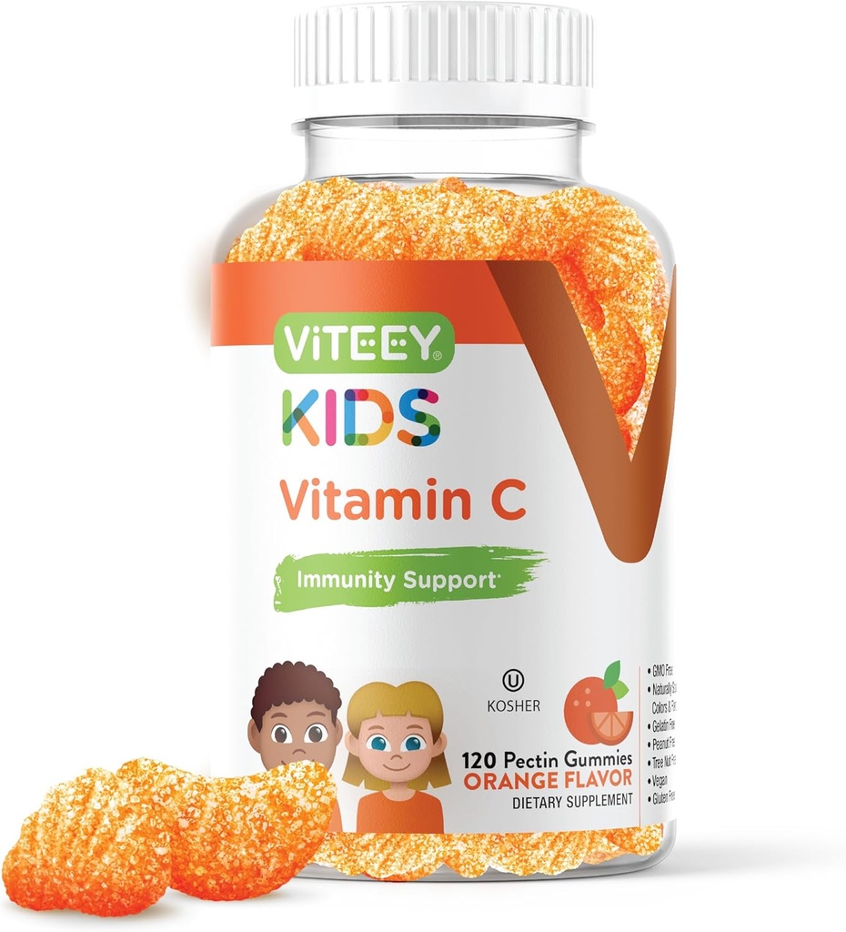Viteey Kids Vitamina C Gummies - Suport imun pentru copii, Toddlers, & Teens - Vegan, Gelatină gratuit, gluten gratuit, OMG-uri gratuit - Gummy gustoase de culoare portocalie
