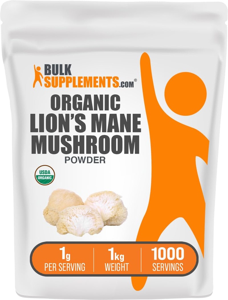 BulkSupplements.com Organic Lions Mane Mushroom Powder - Lions Mane Powder, Mushroom Supplement - Vegan & Gluten Free, 1g per Serving, 1kg (2,2 lbs) (Pachet de 1)