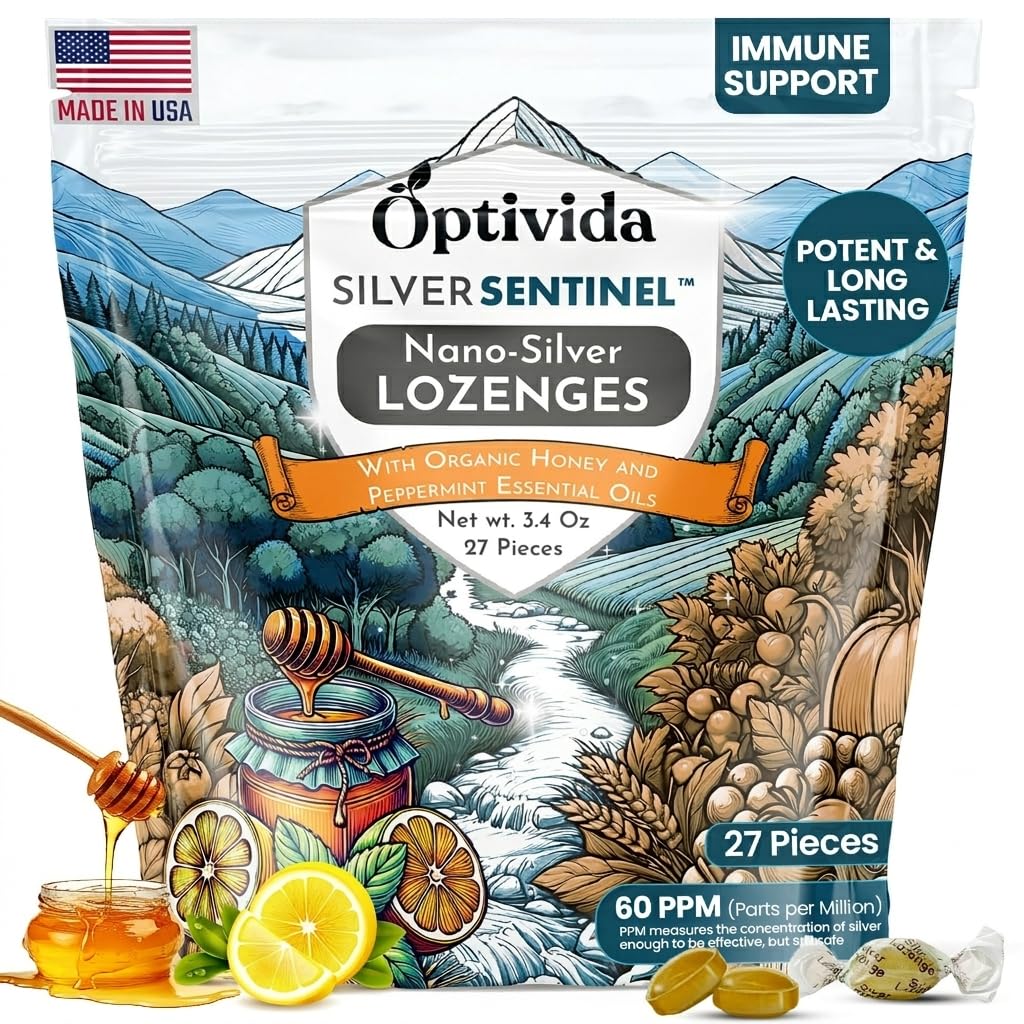 OPTIVIDA Health Silver Lozzenges coloidale cu miere şi ulei de lămâie (1 ambalaj) - Soothing Sore Ghroat Lozenges pentru adulţi cu Cough Relief & Fast-Action Nano Silver Formula pentru Suport Immun, 60 Ppm
