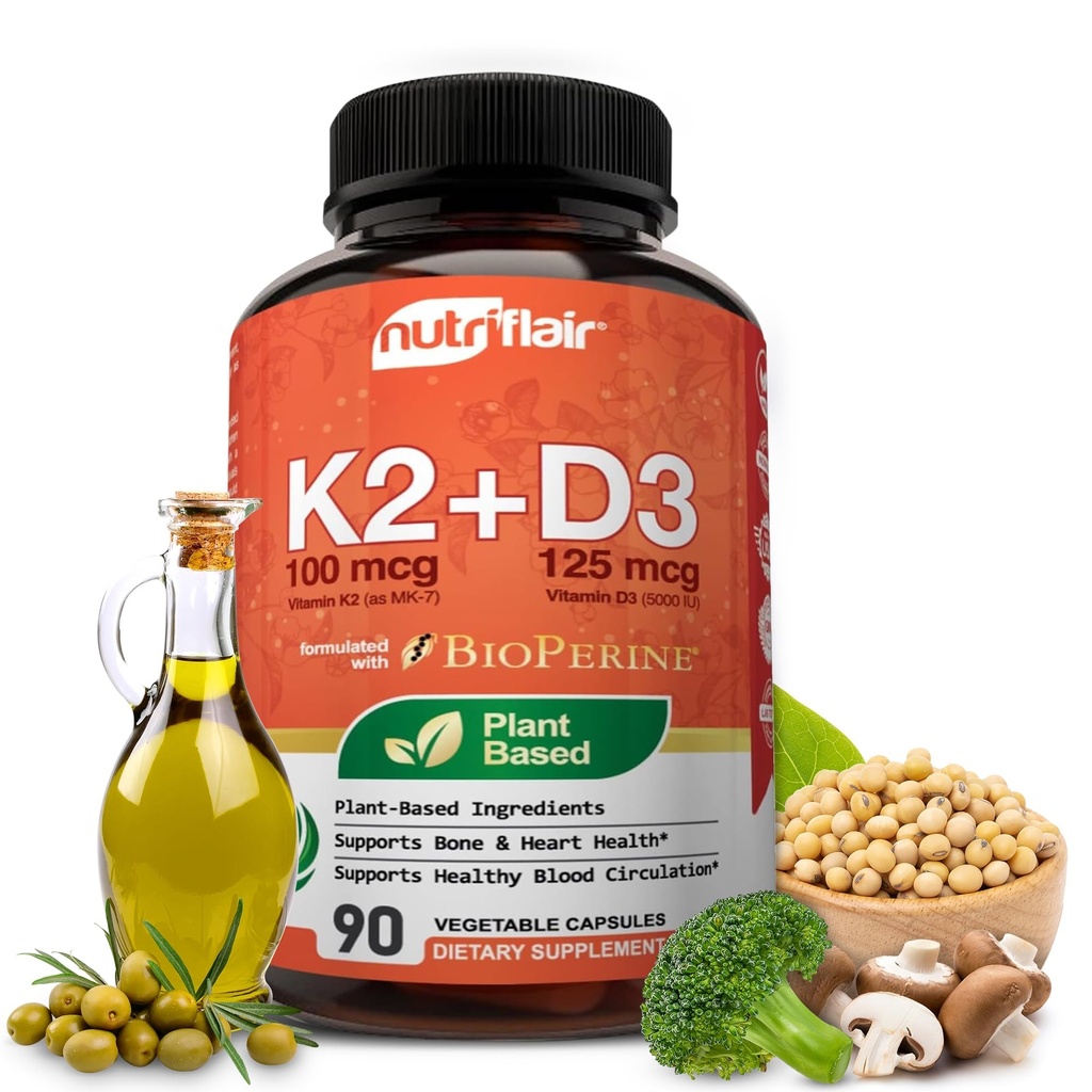 NutriFlair Vitamine D3 (5000iu/125mcg) + K2 (ca Mk7) - Made with Plant-Based Ingrediente Plus BioPerine Black Pepper Extract, 90 capsule - Suporturi imune sanatoase, inima si sanatate - Pastile non-GMO