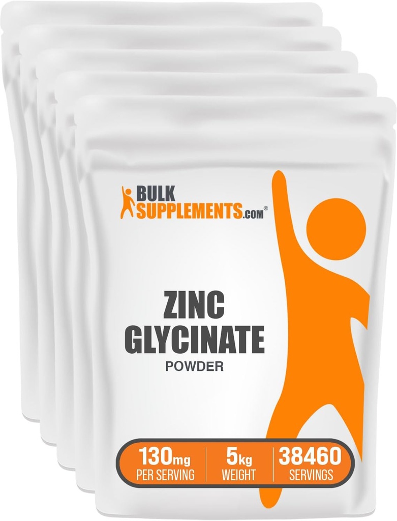 BulkSupplements.com Pudră de zinc Glicinat - Supliment de zinc, Supliment mineral pentru suport imunitar - Gluten gratuit, 130 mg per Serving, 5kg (11 lbs) (Pachet de 5)