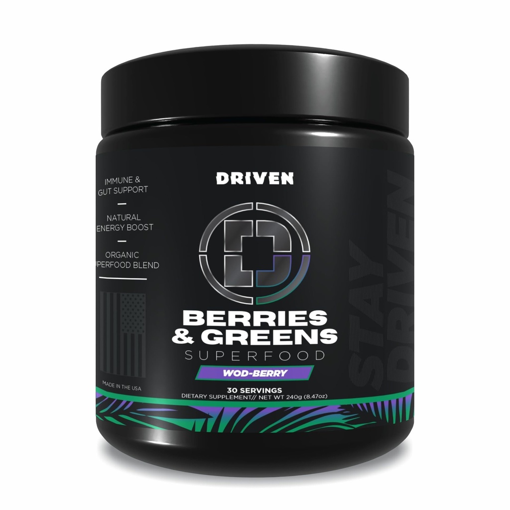 Driven B&G Berries & Greens Superfood Powder, 30 Servings - Organic Plant-Based Formula cu Probiotics & Digestive Enzime - Recuperare Sporturi, Digestie Sanatos, si Functia Immune
