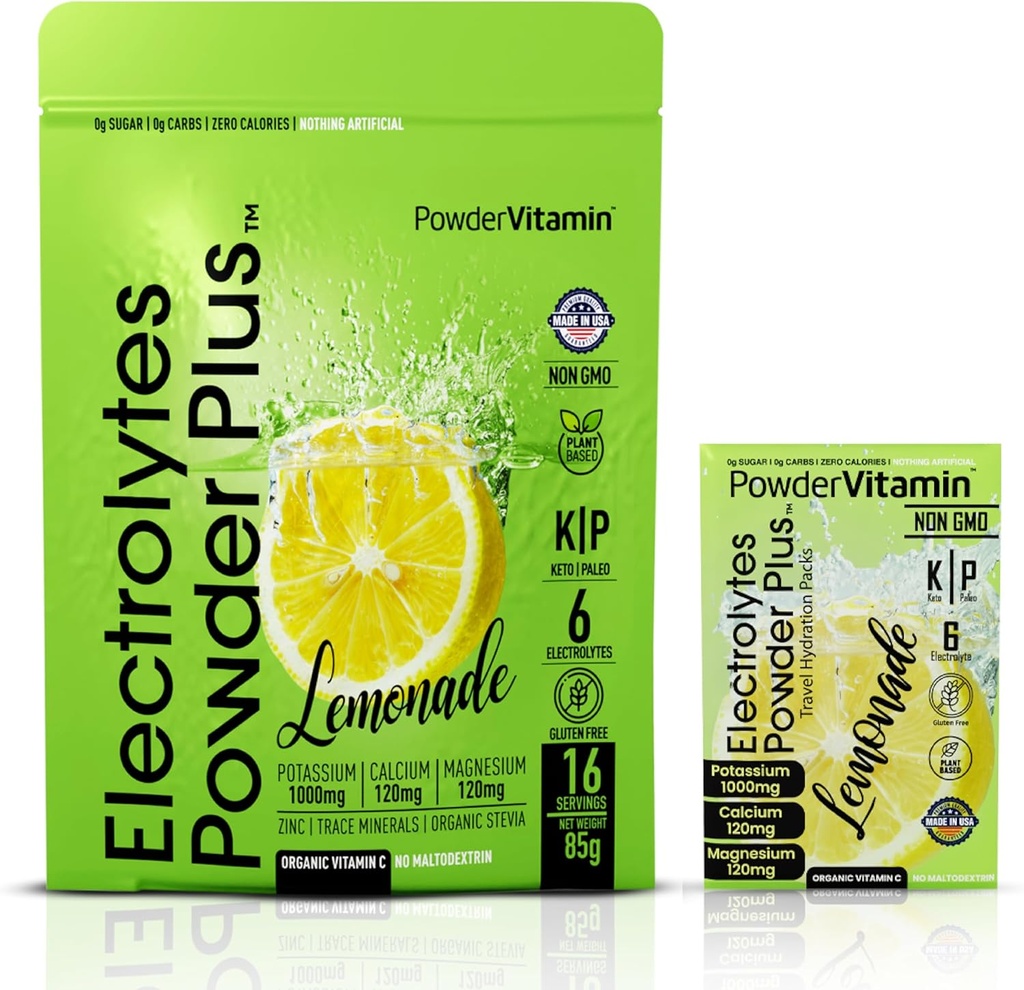 PulbereVitamina Electroliti Powder Plus, Keto, Lemonade, Sugar Free, Sare roz Himalayan, 1000mg Potasiu, 120mg Calciu, 120mg Magneziu, Non-GMO, Zero Calorii, (16 Pachete de hidratare)