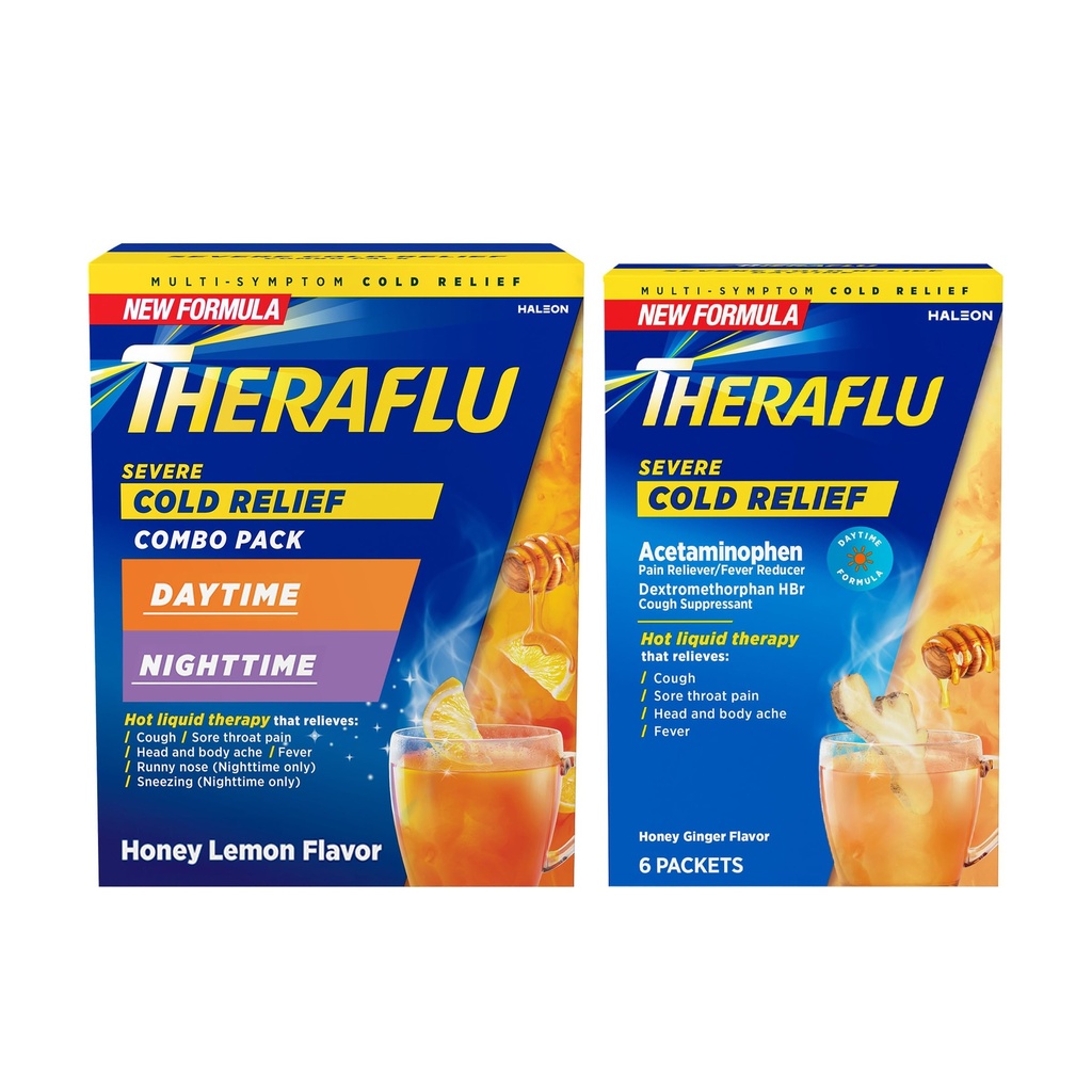 Theraflu Relief Rece Sever Hot Liquid Powder Combo: 12ct Daytime/Nighttime Honey Lemon Flavor + 6ct Daytime Honey Ginger Flavor