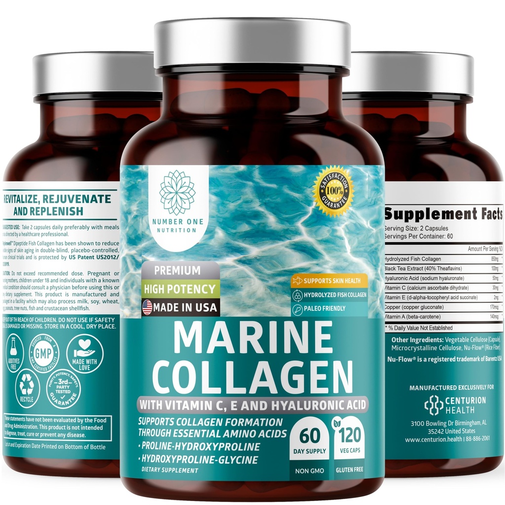 Dipeptide de colagen marin Premium cu acid hialuronic, vitamina C, teaflavină și cupru, supliment Colagen pentru femei și bărbați pentru piele radiantă, păr și unghii, gluten gratuit și non-GMO, 120 Veg Capace
