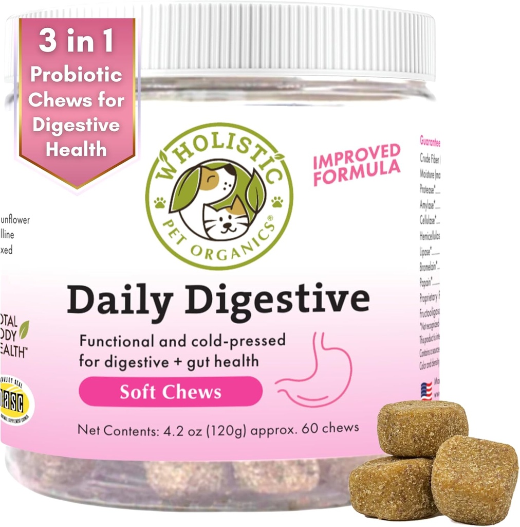 Wholistic Pet Organics: Probiotice Chews pentru câini Digestive Health - 60 Conte - Probiotice câine și enzime digestive - Suport Sanatate curaj Suplimentul imunitar previne probleme digestive câine