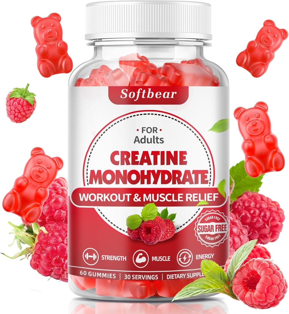 softbear Creatina Monohidrat Gummie pentru bărbaţi Femei, Vegan Creatine Supliment 5000mg Creatină HCL Pre Antrenament Gume pentru musculare Constructor Putere Raspberry Flavor 60 Conte