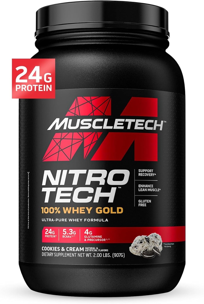MuscleTech Whey Proteine Pulbere , Nitro-Tech Whey Gold Proteine Pulbere , Whey Proteine Izolat Smoothie Mix , Pulbere de proteine pentru femei & bărbaţi , Cookie-uri şi Cream, 2 lb (28 Serviri) - ambalaj poate varia