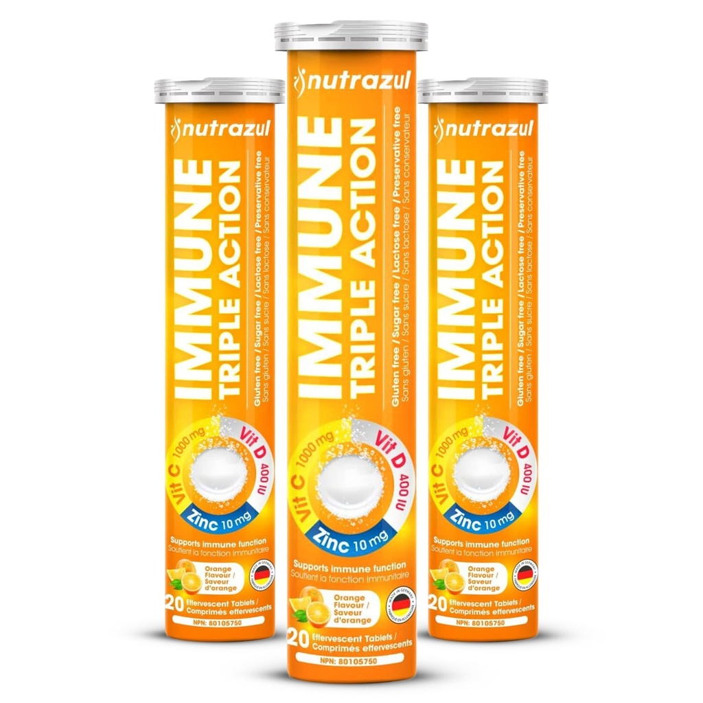 nutrazul Immune Triple Action Tablete Effervescent cu vitamina C 1000mg, Vitamina D, Zinc, Suport Daily Routine, Gluten-Free, Zahăr-Free, Lactoză-Free, Orange Flavor, 20 comprimate, (Pachet de 3)