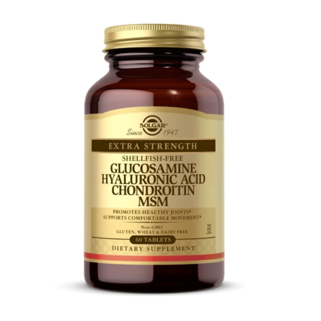 Solgar Glucosamină Acid hialuronic Chondroitin MSM (Shellfish-Free), 60 comprimate - Suport comun și confort - susține stiluri de viață active - non-GMO, gluten gratuit, lactate gratuit - 20 Serviri