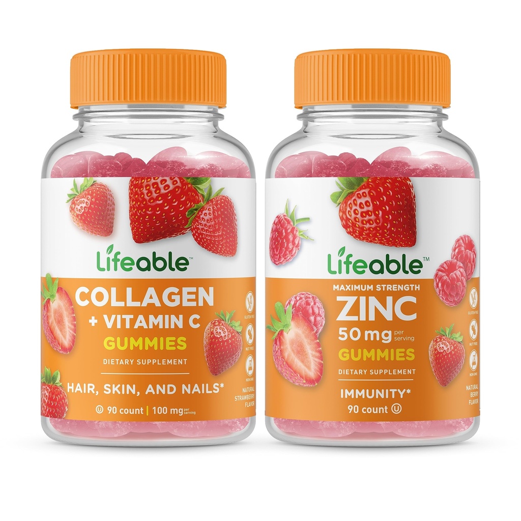 Colagen de viață & vitamina C + zinc 50mg, Gummie Bundle - mare Tasting, Supliment de vitamine, gluten gratuit, OMG-uri gratuit, guma de mestecat