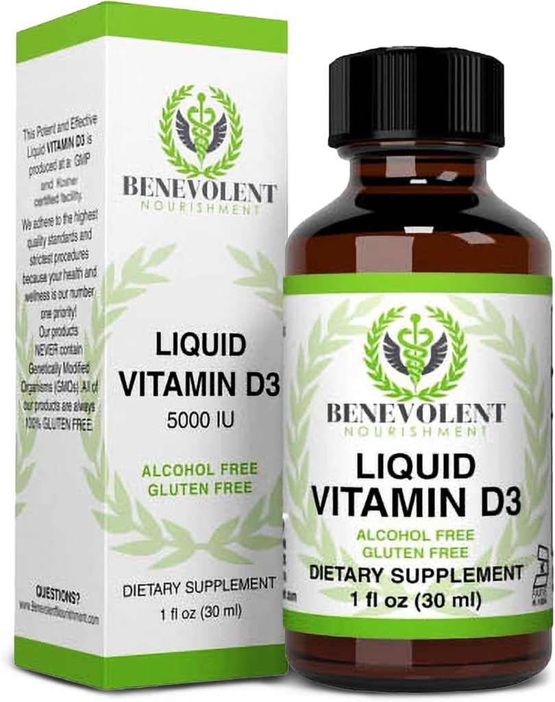 Nutriţie binevoitoare Vitamina D3 picături 5000 UI - Potent & eficient 1000 UI pe picătură - Supliment alimentar lichid absorbit rapid - 100% alcool şi gluten gratuit