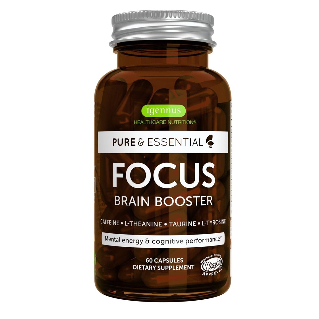 Igennus Focus - Nootrop cu 200mg Cafeina naturala, Vitamine B metilate, L-Teanină, Taurină, L-Tyrosine, Energie Clean, Booster creier & Performanță cognitivă, Non Jittery, 60 Capsule