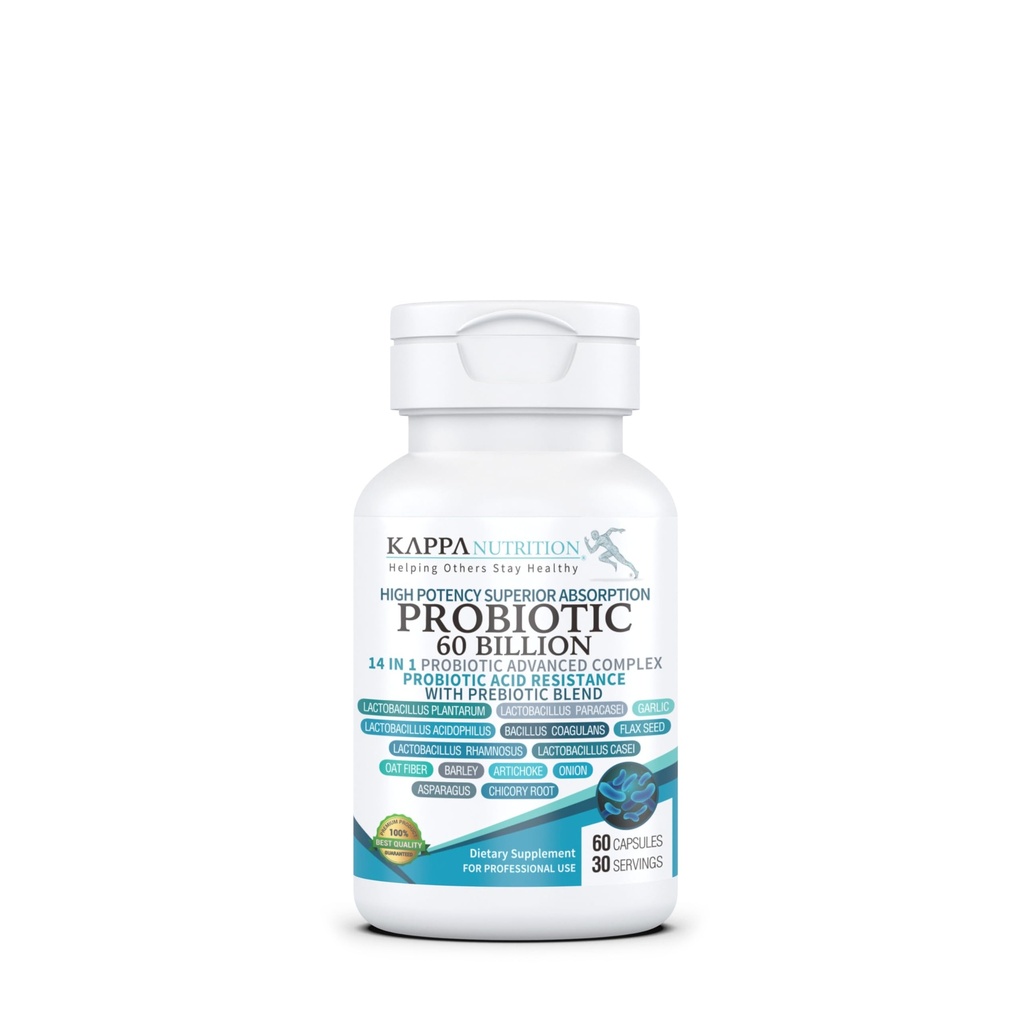 KAPPA NUTRITION Probiotic 60 Miliarde CFU 14 în 1 Formula cu prebiotice și acidofile pentru femei, bărbați și adulți, Perioada de valabilitate Stabilă, Rezistant acid, Supliment natural 60 capsule.