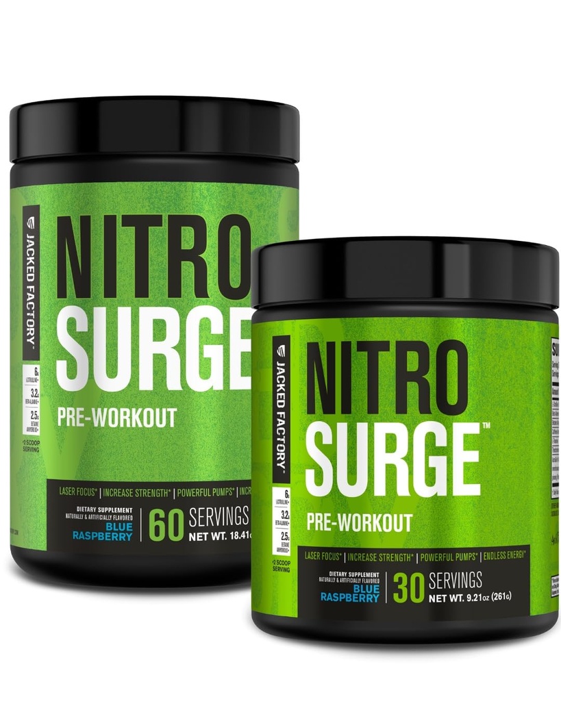 Fabrica Jacked NITROSURGE Suplimentul de antrenament pre - Booster energie, câştiguri de putere instant, clar focalizare şi pompe intense - NO Booster & puternic Preworkout pulbere de energie - 90 Serviri, zmeură albastră