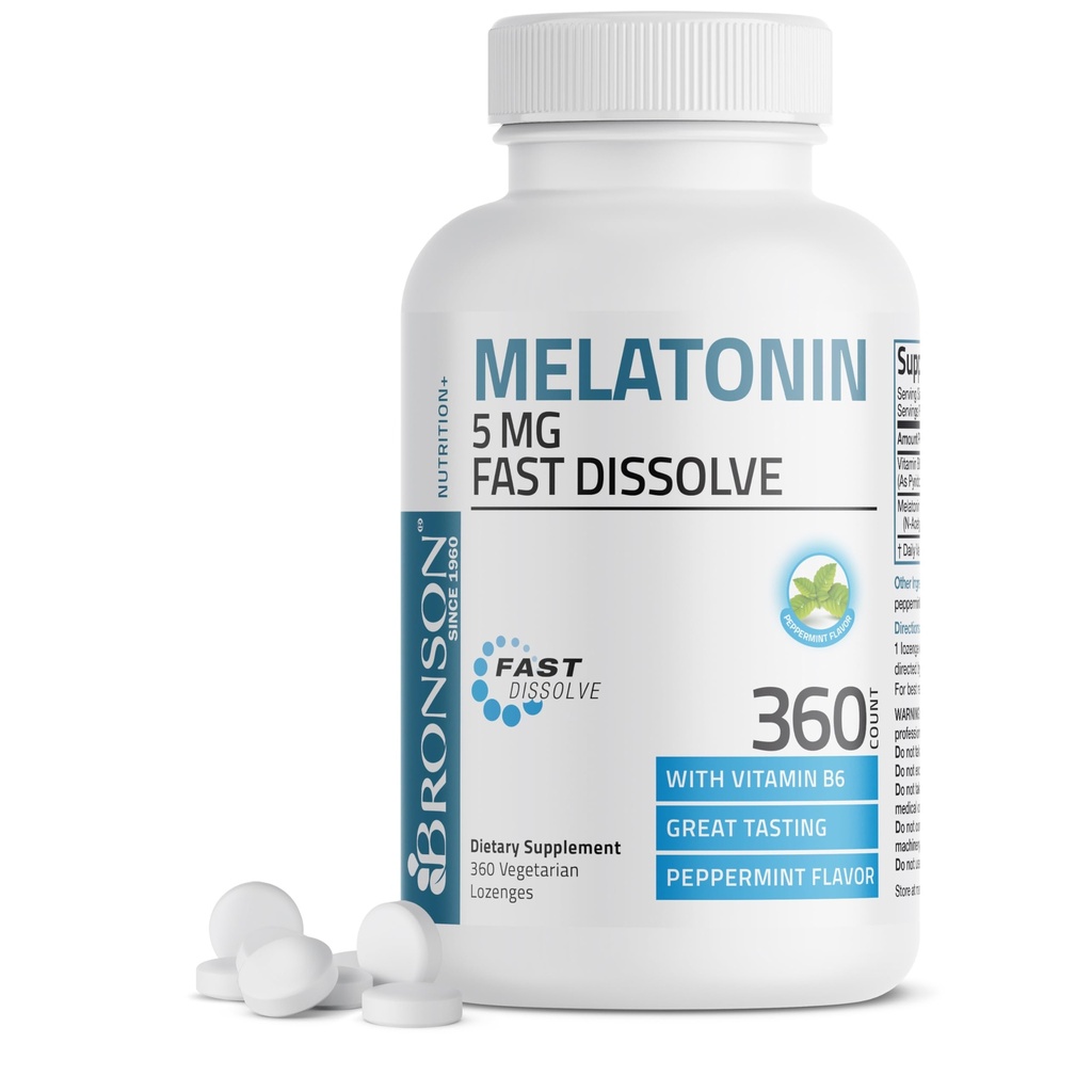 Bronson Melatonina 5mg rapid dizolva tablete de menta cu vitamina B6 - Promoveaza relaxarea, 360 pastile vegetariene masticabile