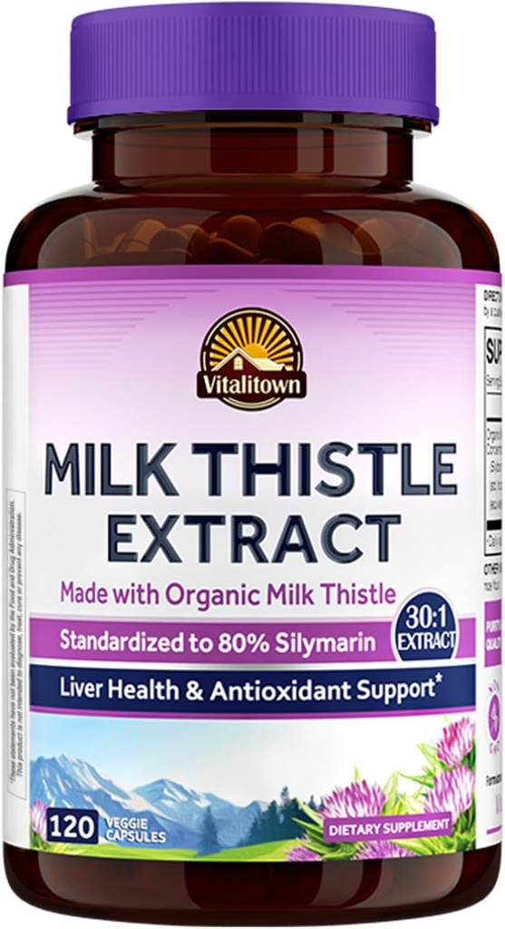 Vitalitown Organic Milk Thistle Suport antioxidant, Detox & Cleansing, 120 Vegan Caps