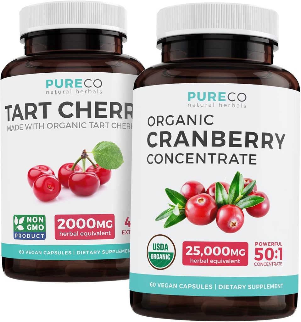 Bundle of Organic Cranberry Pills & Tart Cherry - Clean & Clear Bundle - Tract urinar & Uric Acid Support - Organic Cranberry Pills - 50:1 Concentrat & Organic Tart Cherry Capsule - 4:1 Extract