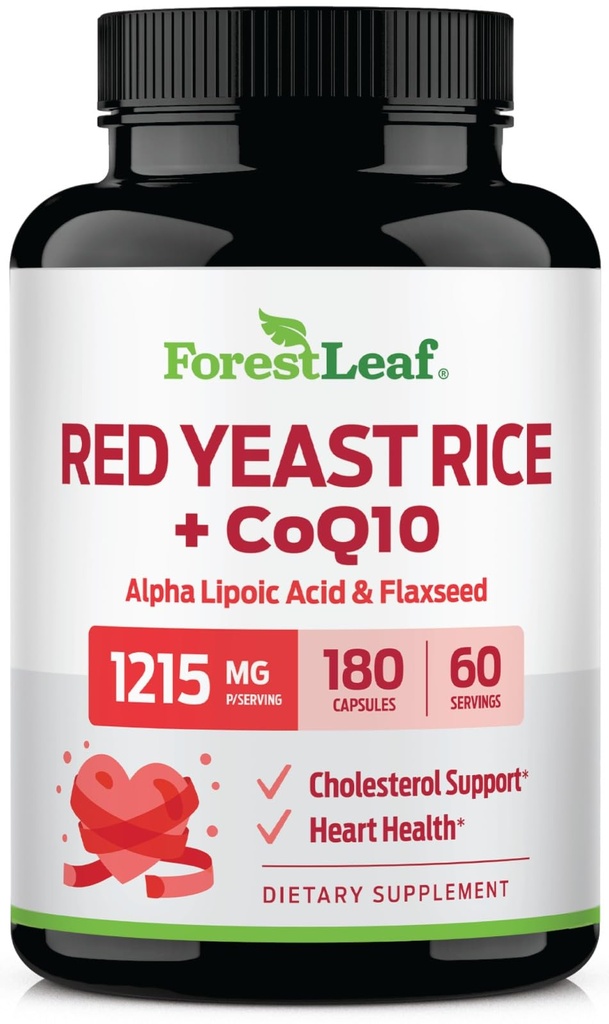 ForestLeaf Red Yeast Rice cu supliment CoQ10 - 1215 mg extra Putere Red Yeast Rice Capsule de orez cu acid lipoic Alpha & Organic Flaxseed, Citrinin Free - 180 capsule