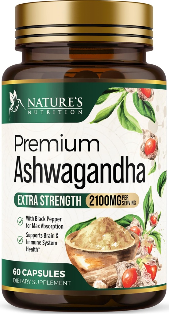 Suplimente Ashwagandha - 2100mg capsule Ashwagandha pentru femei si barbati, suport antioxidant natural, extract de root Ashwa, suport extrem de puternic cu Pepper negru, Vegan & Gluten gratuit - 60 capsule