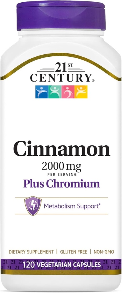 21st Century 2000 mg Cinnamon Plus Crom Vegetarian Capsule (120 Count), Scorțișoară Suplimente susține zahăr & Carbohidrat Metabolism, gluten-free, non-GMO, fără arome artificiale adăugate
