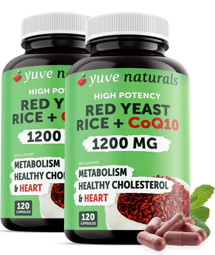 Red Yeast Rice 1200 mg Capsule cu CoQ10 - Menţineţi nivelul de colesterol sănătos, Herbal Heart Health Vegan Red Yeast Rice Supliment - Red Rice Yeast cu CoQ10 pentru femei şi bărbaţi - 120 Ct (2-Pack)