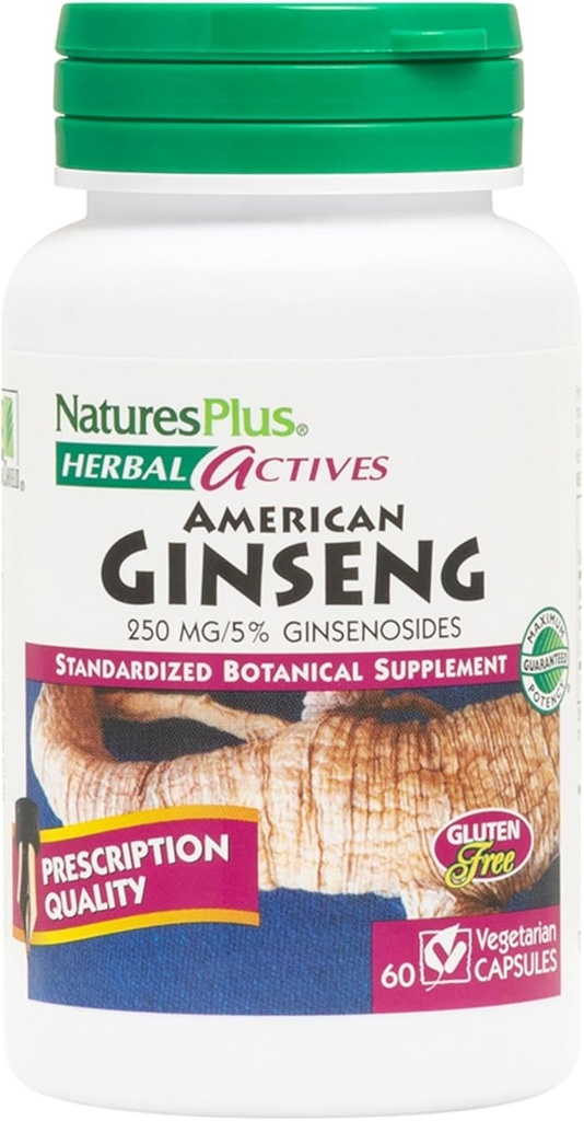 Naturas Plus Herbal Actives American Ginseng - 250 mg, 5% Ginsenozide - 60 Capsule Vegane - Gluten-Free - 60 Servings