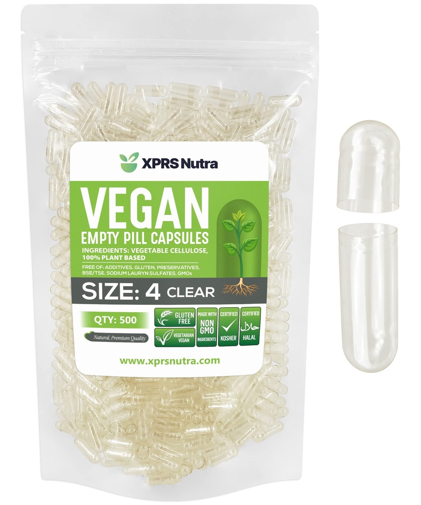 XPRS Nutra Dimensiune 4 Capsule goale - 500 Conte clar capsule Vegan mici goale - DIY Capsule vegetale de umplere - Fillable Do-It-Yourself Veggie Pilula Capace pentru suplimente