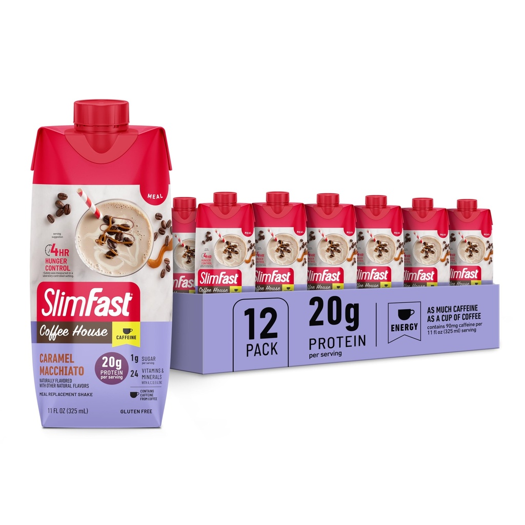 SlimFast Proteine Shake cu cofeina, Caramel Macchiato- 20g Proteina, Mese de înlocuire Shakes, Proteina mare cu carbohidrati scazuti si zahar scazut, 24 vitamine si minerale, 12 Conte (Pachet de 1)