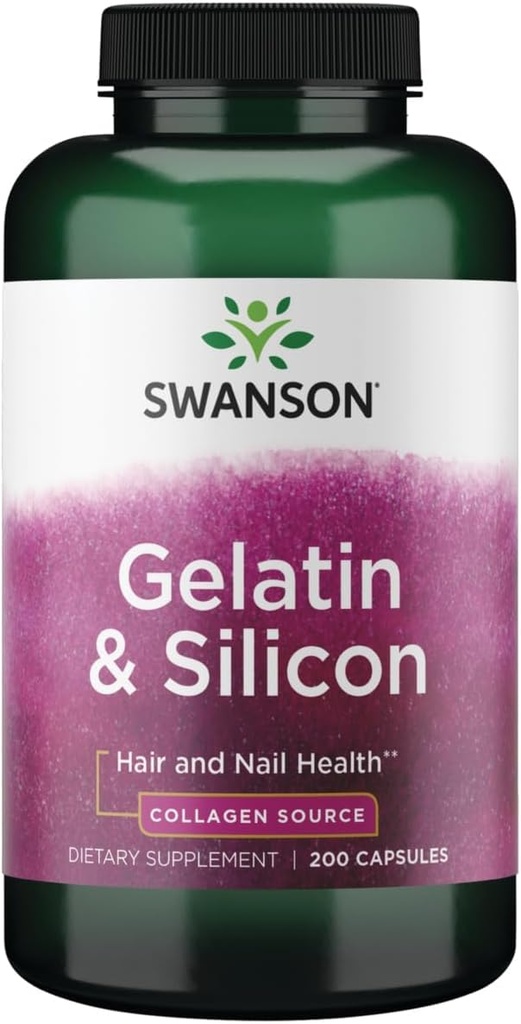 Gelatină Swanson și Silicon - Proteine Colagen Suportarea parului sanatos si unghii - Ajuta la livrarea minerale vitale pentru unghii puternice și păr gros - 20mg Silicon și 1.08 Grams Gelatină - (200 capsule)