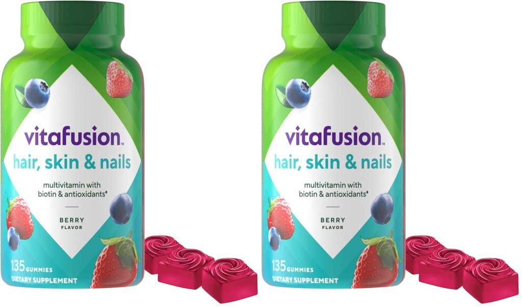 Vitafusion Parul superb, Piele & unghii Multivitamine Plus Biotina si vitaminele antioxidante C&E, Aroma de zmeura, 135ct (45 de zile de aprovizionare), din America de Sud-Est Number One Gummy Vitamina Brand (Pachet de 2)