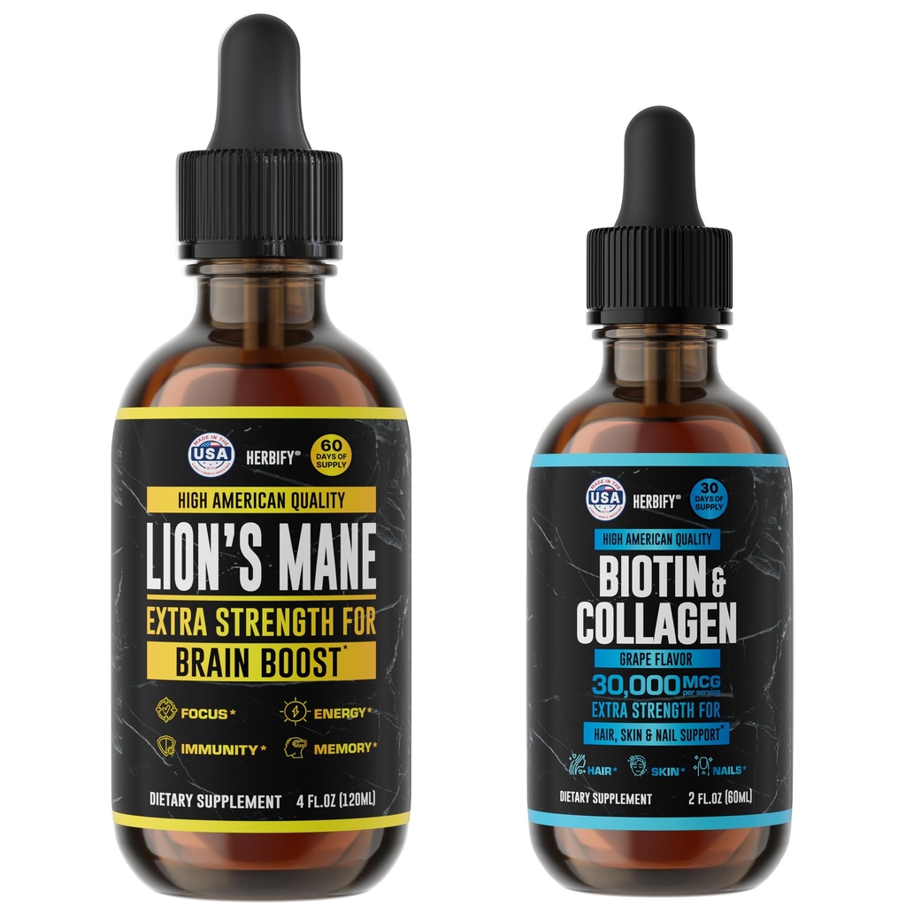 HERBIFY Bundle - Lions Mane drops & Biotin and Colagen - Brain, Hair, Skin & Nails Support
